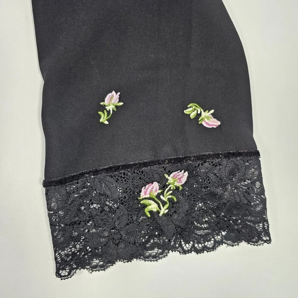 Vtg Oscar de la Renta Pink Label Black Chiffon Floral Embroidery Robe No Belt